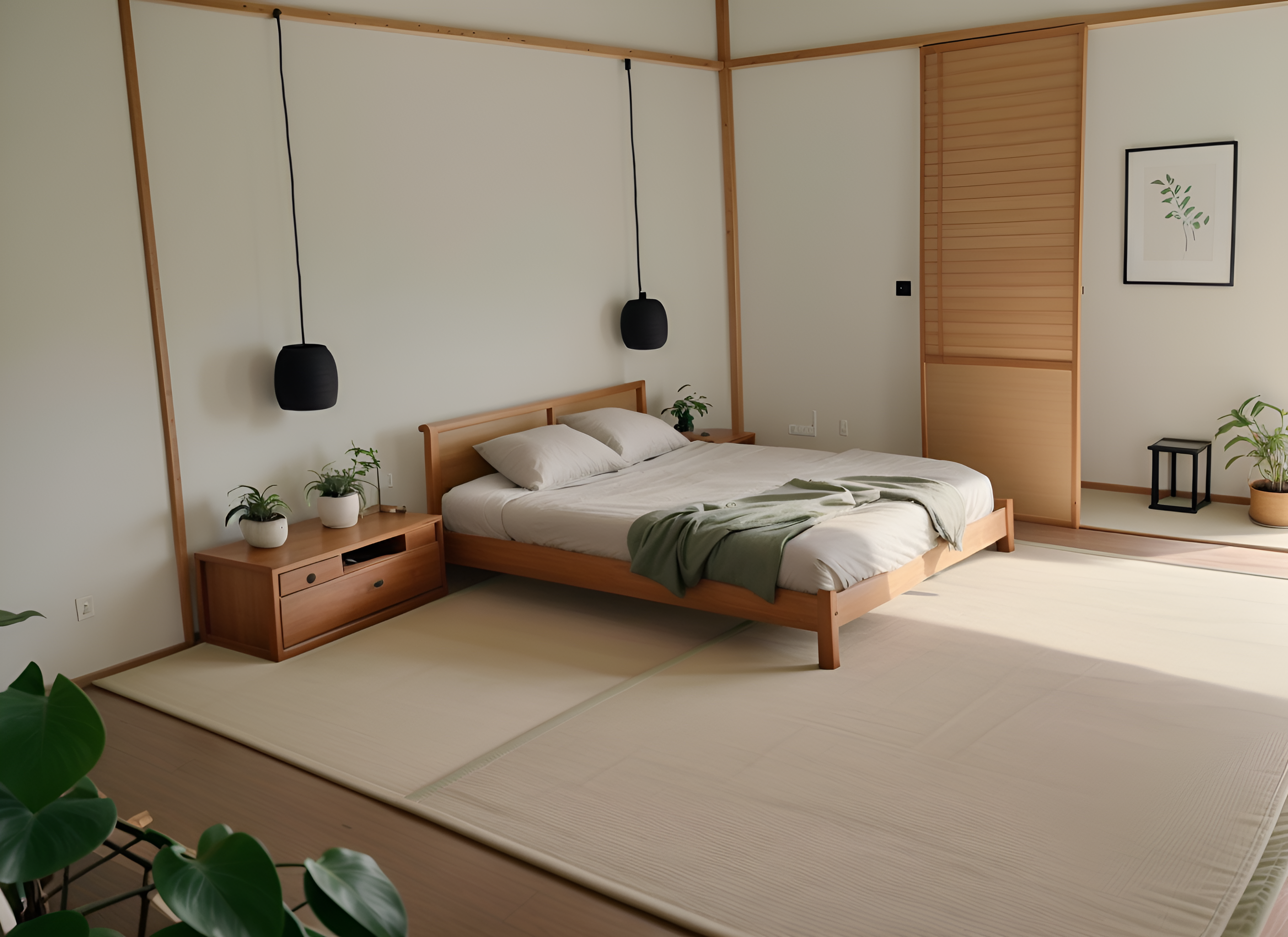 Zen-style Bedroom Interior With Plant And Bed And Night